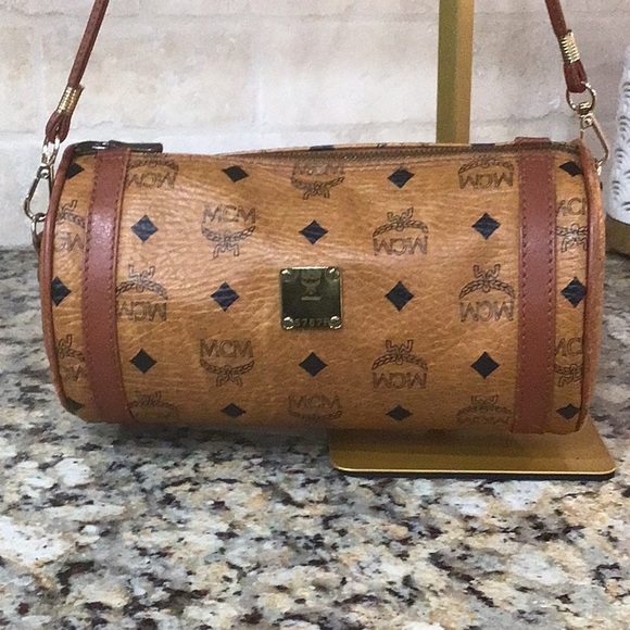 MCM Handbags - MCM Vicetos Logogram Shoulder Bag PVC Leather Brown Gold Auth 5767F Cylinder